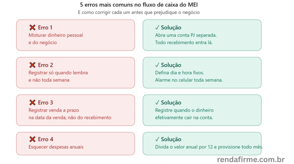 Infográfico com os 5 erros mais comuns no fluxo de caixa do MEI e suas soluções — Renda Firme