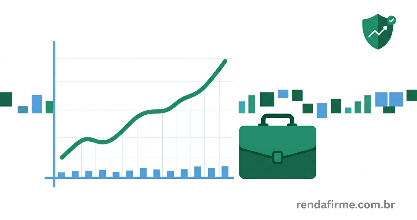 um gráfico simples do mercado de ações com uma linha de tendência verde ascendente, ao lado de uma pequena maleta ou ícone de empreendedor MEI