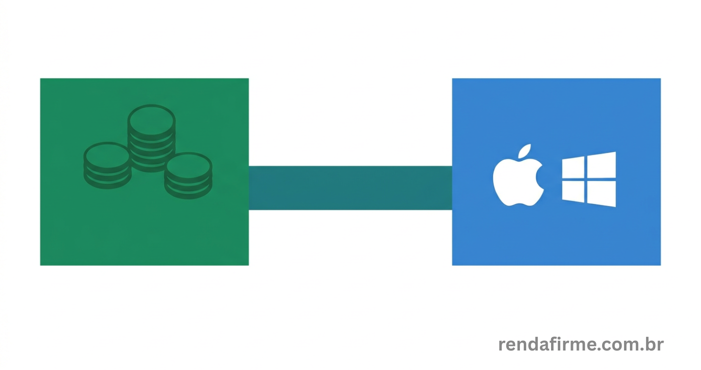 ponte simples conectando duas plataformas: à esquerda, uma bandeira brasileira ou plataforma verde representando a Bolsa de Valores de Brasília (B3) com uma pilha de moedas em reais; à direita, uma bandeira americana ou plataforma azul representando empresas internacionais como Apple e Microsoft