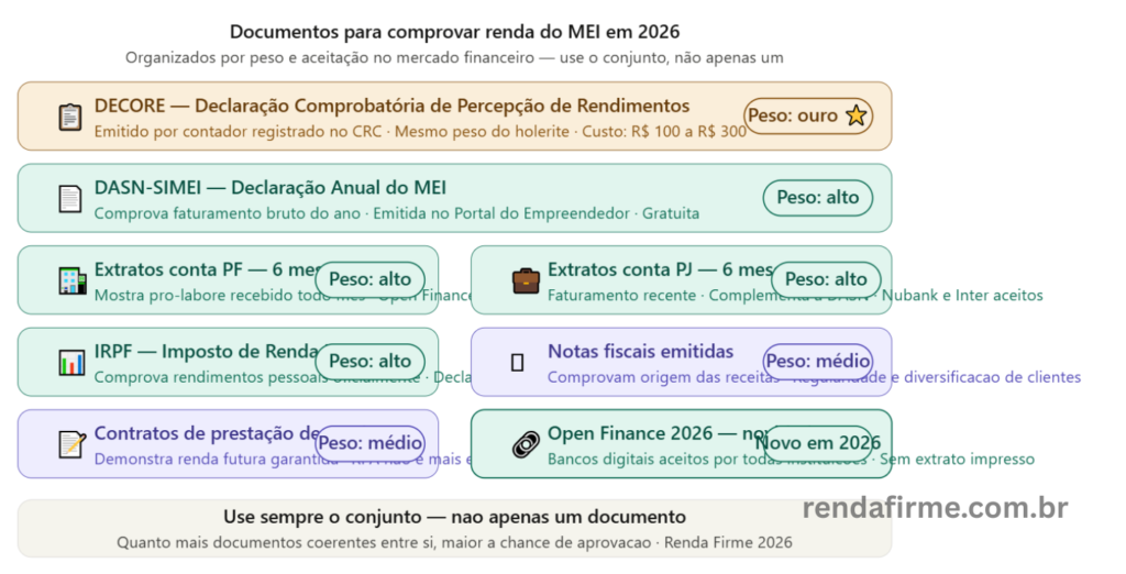 Infográfico com os 7 documentos para comprovar renda do MEI em 2026, organizados por peso e aceitação — Renda Firme