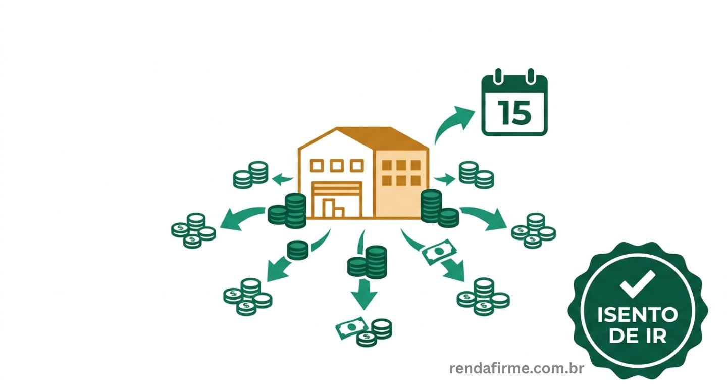 um ícone simples de um prédio ou armazém no centro, representando o setor imobiliário, com pequenas pilhas de moedas verdes ou setas de dinheiro fluindo para fora em um padrão circular, representando a distribuição mensal de dividendos para múltiplos investidores.