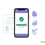 smartphone exibindo a interface simples de um aplicativo de investimentos com um ícone de visto verde e uma barra de progresso em 100%, representando a abertura bem-sucedida da conta
