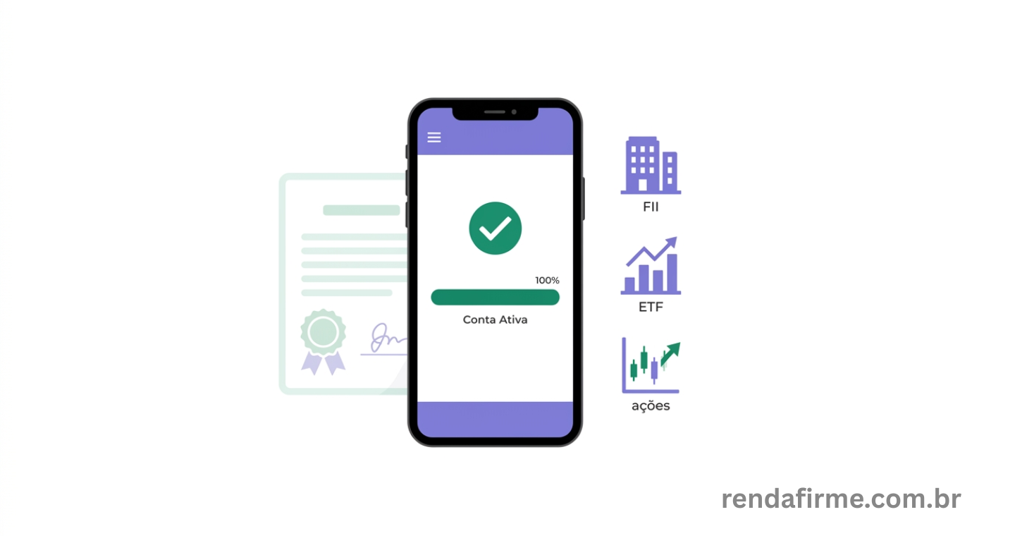 smartphone exibindo a interface simples de um aplicativo de investimentos com um ícone de visto verde e uma barra de progresso em 100%, representando a abertura bem-sucedida da conta