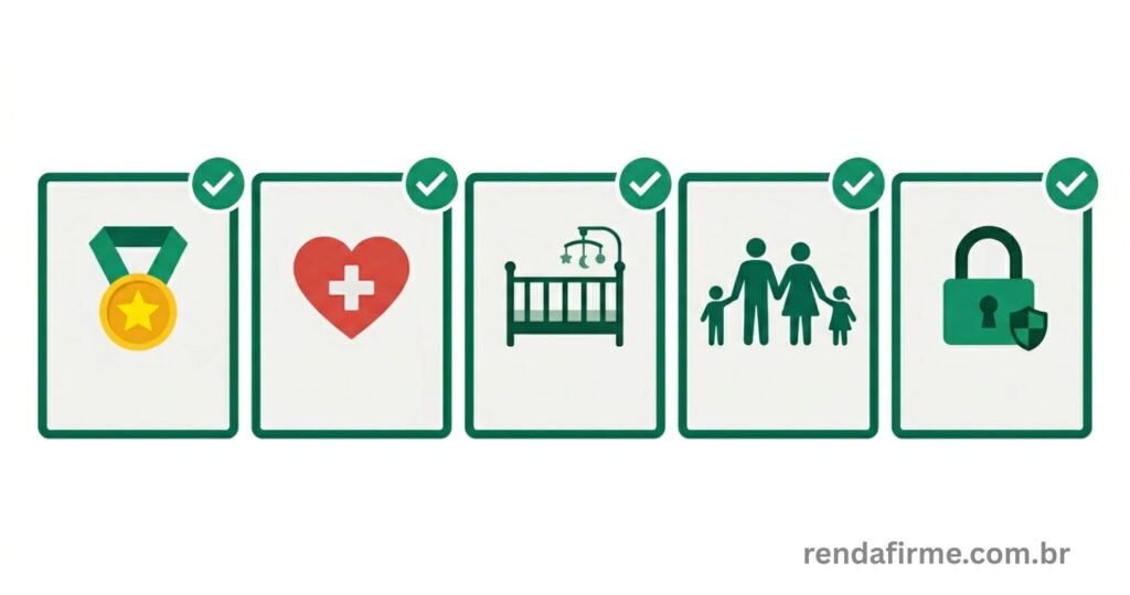 Ilustração com os benefícios previdenciários do INSS garantidos ao MEI que paga o DAS em dia em 2026: aposentadoria, auxílio-doença e salário-maternidade