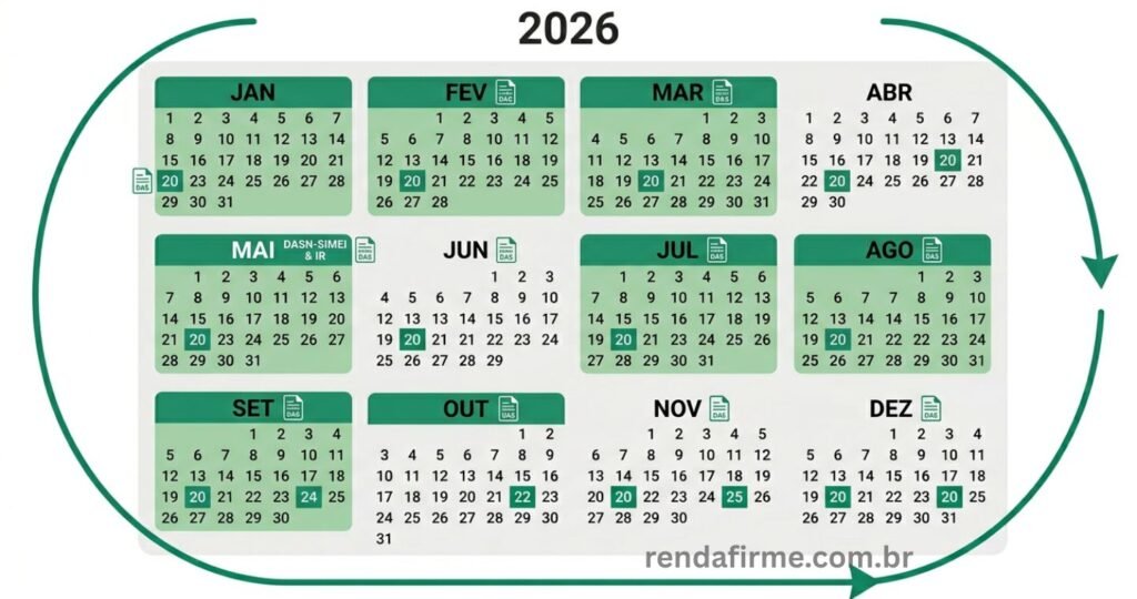 Ilustração com o calendário de obrigações financeiras e fiscais do MEI em 2026: DAS mensal, DASN-SIMEI, Imposto de Renda e Relatório Mensal de Receitas