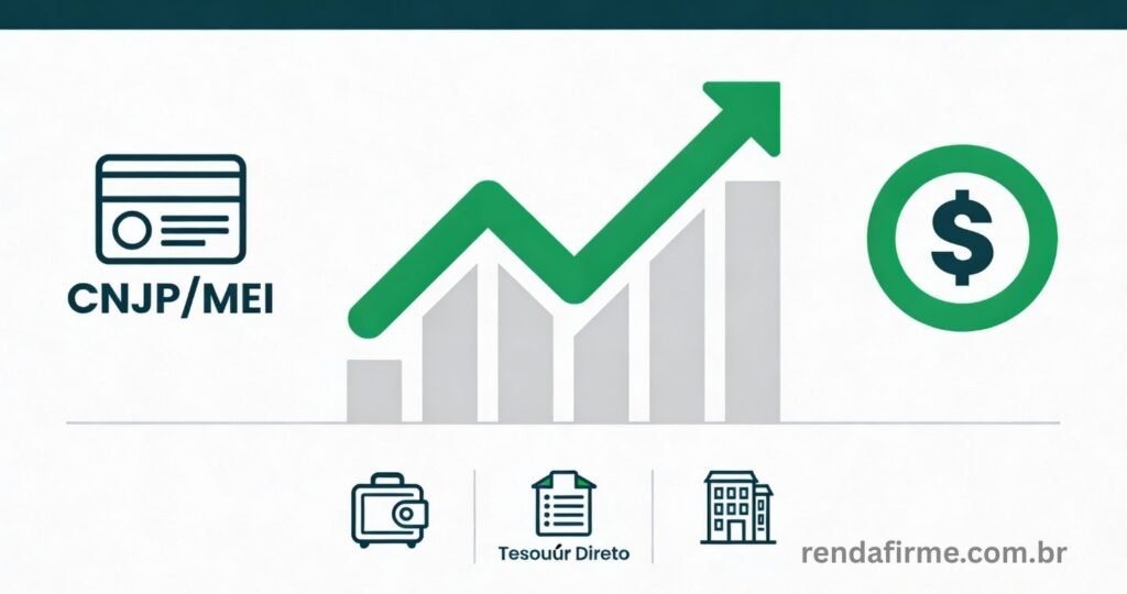Ilustração representando um MEI investindo o lucro do negócio com ícones de gráfico crescente, cifrão, Tesouro Direto e reserva de emergência