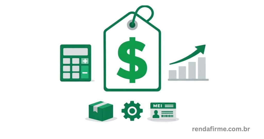 Ilustração representando um MEI calculando o preço de produtos e serviços com ícones de calculadora, cifrão, etiqueta de preço e margem de lucro