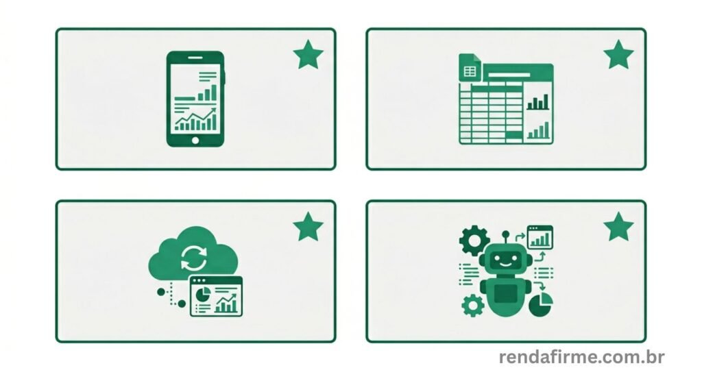Ilustração comparando as melhores ferramentas gratuitas de gestão financeira disponíveis para MEI em 2026