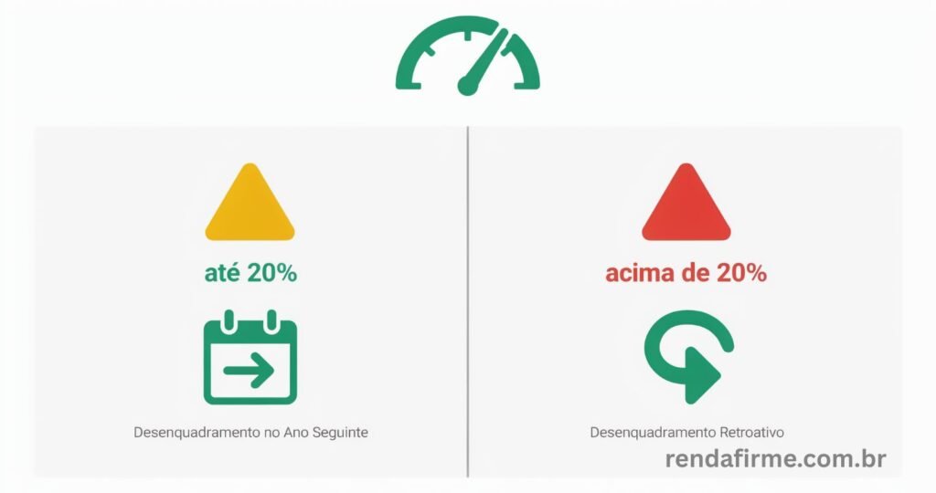  Ilustração com os dois cenários de desenquadramento do MEI em 2026: excesso de até 20% e excesso acima de 20%
