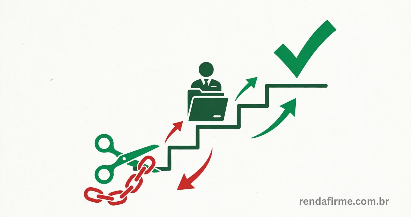 escada em formato ascendente, com um peso ou corrente vermelha representando uma dívida na base, sendo cortada por uma tesoura verde.