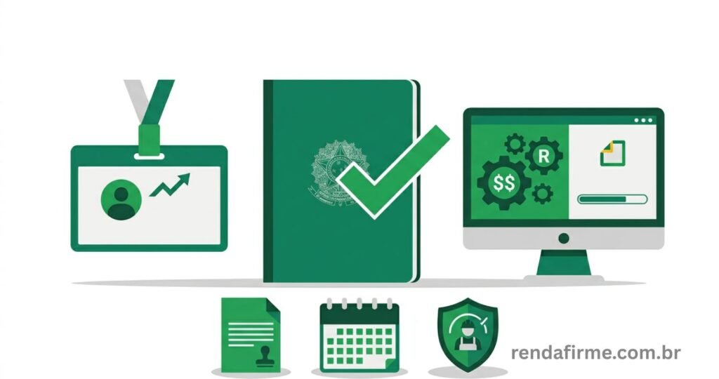 Ilustração representando MEI contratando funcionário com ícones de carteira de trabalho, CNPJ e eSocial em 2026