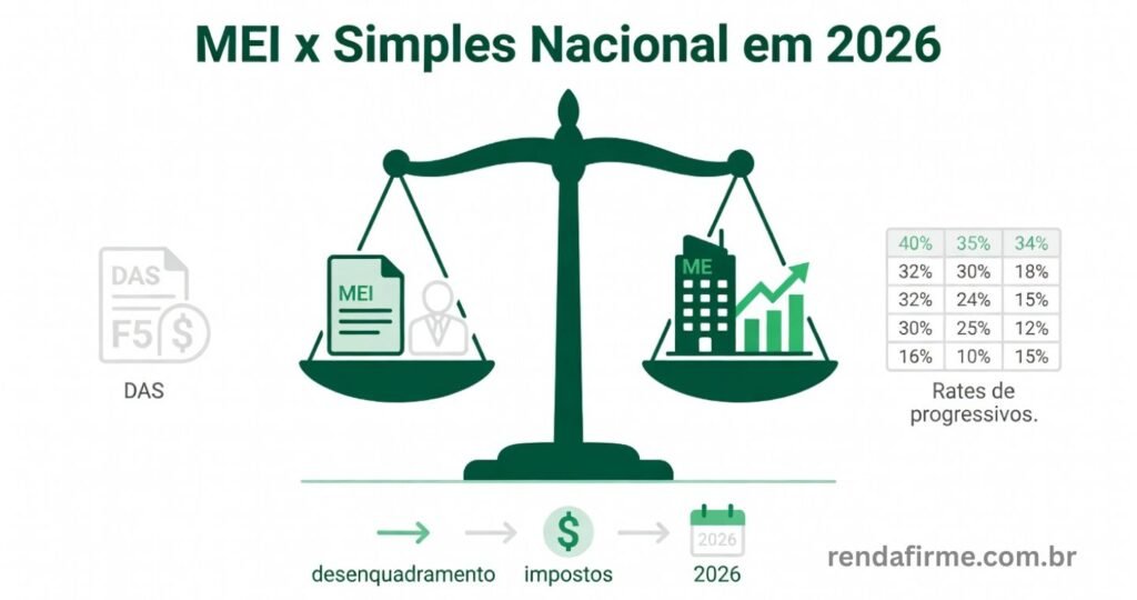 Ilustração representando a comparação entre MEI e Simples Nacional em 2026 com ícones de balança, CNPJ, tabela de alíquotas e gráfico de faturamento