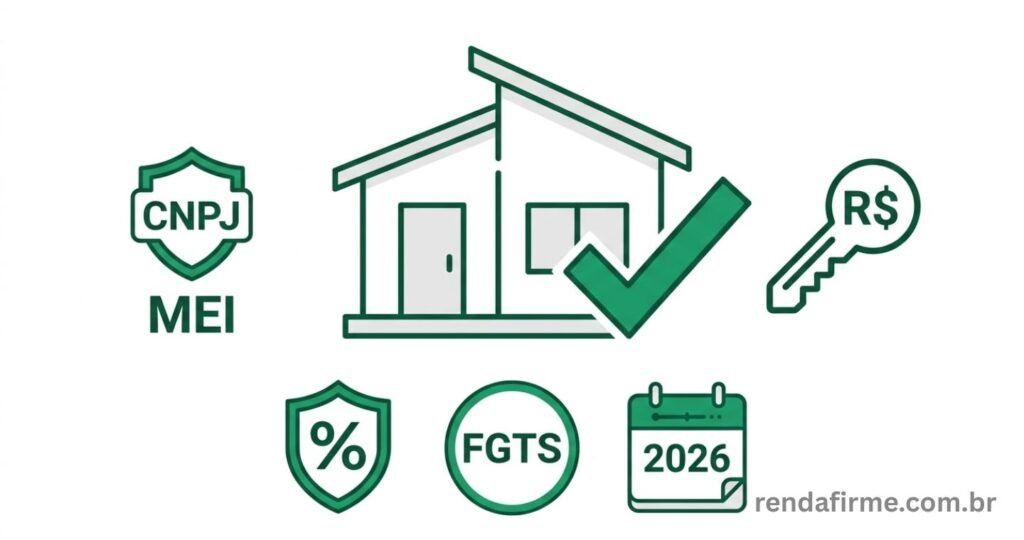 Ilustração representando MEI e autônomo participando do Minha Casa Minha Vida em 2026 com ícones de casa, CNPJ e Caixa Econômica Federal