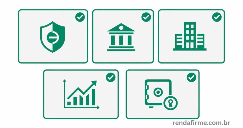 Ilustração com as principais opções de investimento para o MEI em 2026: Tesouro Direto, CDB, Fundos Imobiliários, Ações e Poupança 