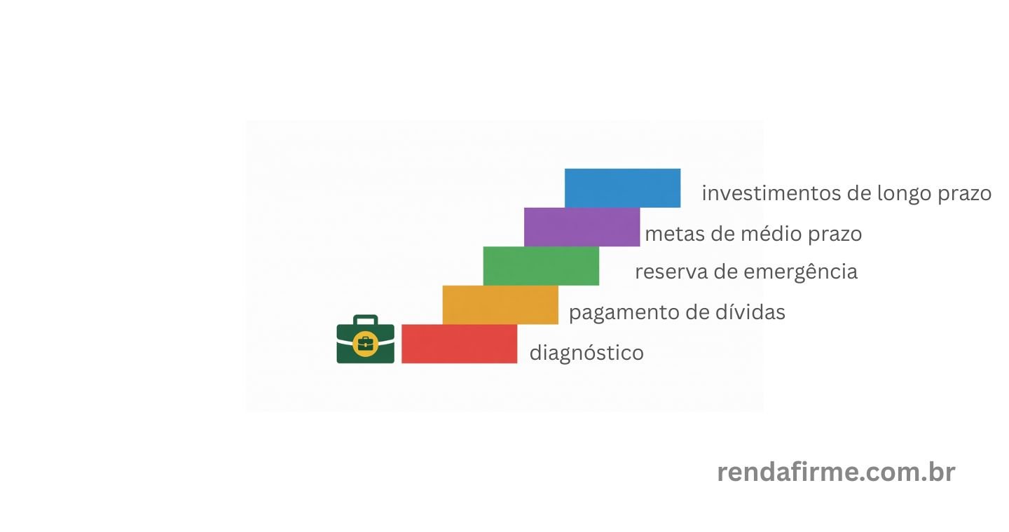 escada simples de cinco degraus, cada um em uma cor diferente: vermelho (diagnóstico), âmbar (pagamento de dívidas), verde (reserva de emergência), roxo (metas de médio prazo) e azul (investimentos de longo prazo).