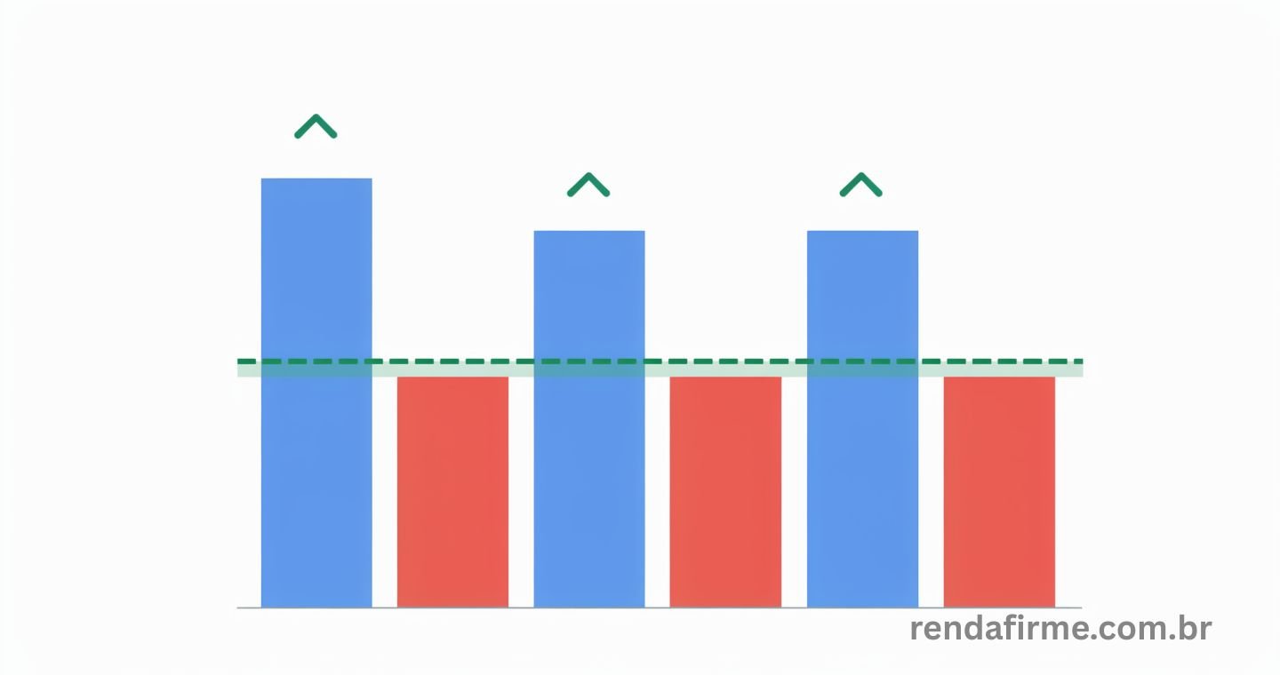 Gráfico mostrando ss seis meses de renda variável do MEI, com uma linha horizontal tracejada verde representando a média como base para o orçamento. Acima das barras mais altas pequenas setas verdes apontando para cima, representando o excedente destinado à reserva para variações.