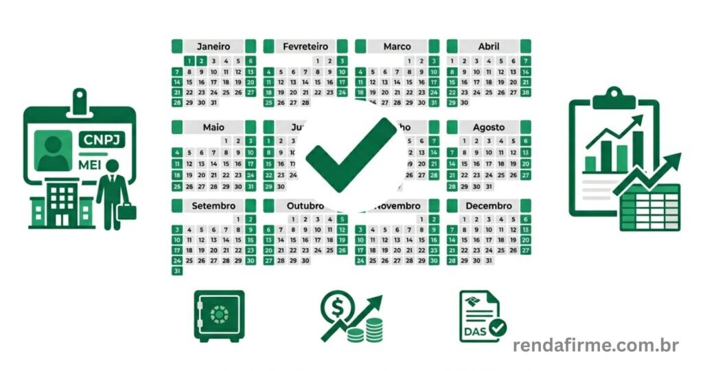 Ilustração representando o planejamento financeiro anual do MEI em 2026 com ícones de calendário, planilha, metas financeiras, fluxo de caixa e CNPJ