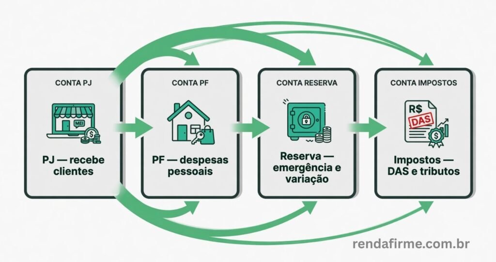 Ilustração com o sistema das quatro contas para organizar as finanças de MEI e autônomo com renda variável em 2026