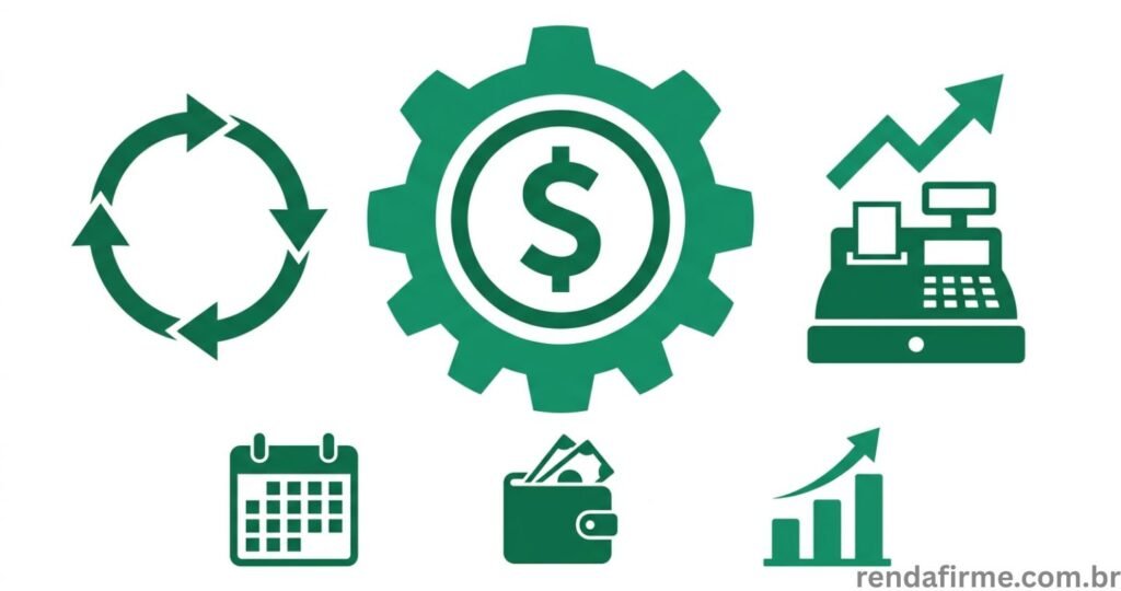 Ilustração representando capital de giro para MEI com ícones de caixa, fluxo financeiro e calculadora