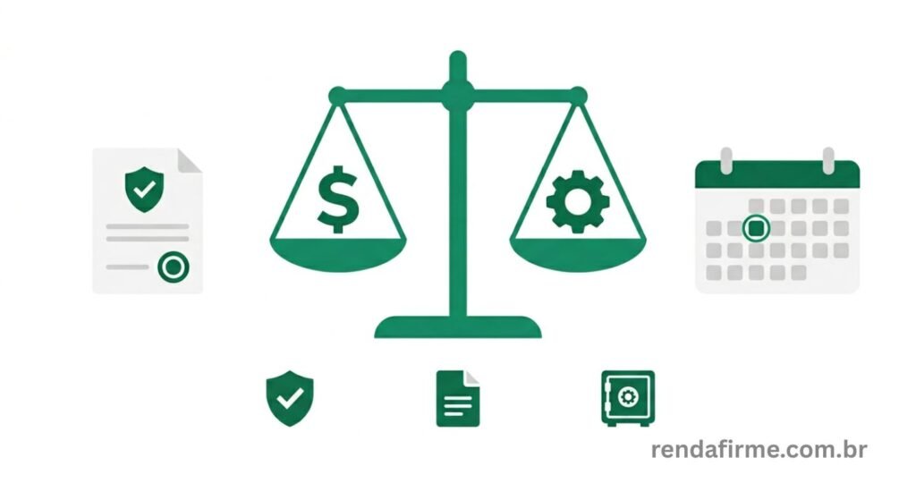 Ilustração representando o pró-labore do MEI em 2026 com ícones de cifrão, calendário de retirada mensal, CNPJ e balança entre salário do dono e saúde financeira do negócio
