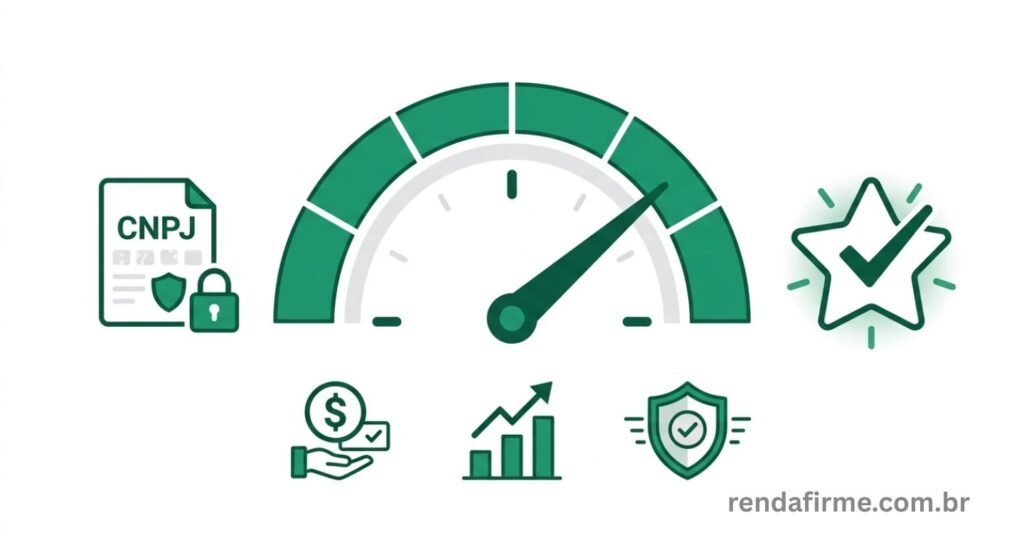  Ilustração representando score de crédito do MEI com ícones de CNPJ, pontuação e Serasa em 2026