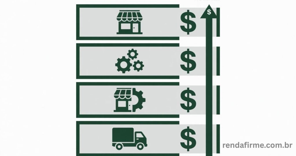 Ilustração com a tabela de valores do DAS MEI 2026 por tipo de atividade: comércio, serviços, comércio e serviços e MEI caminhoneiro