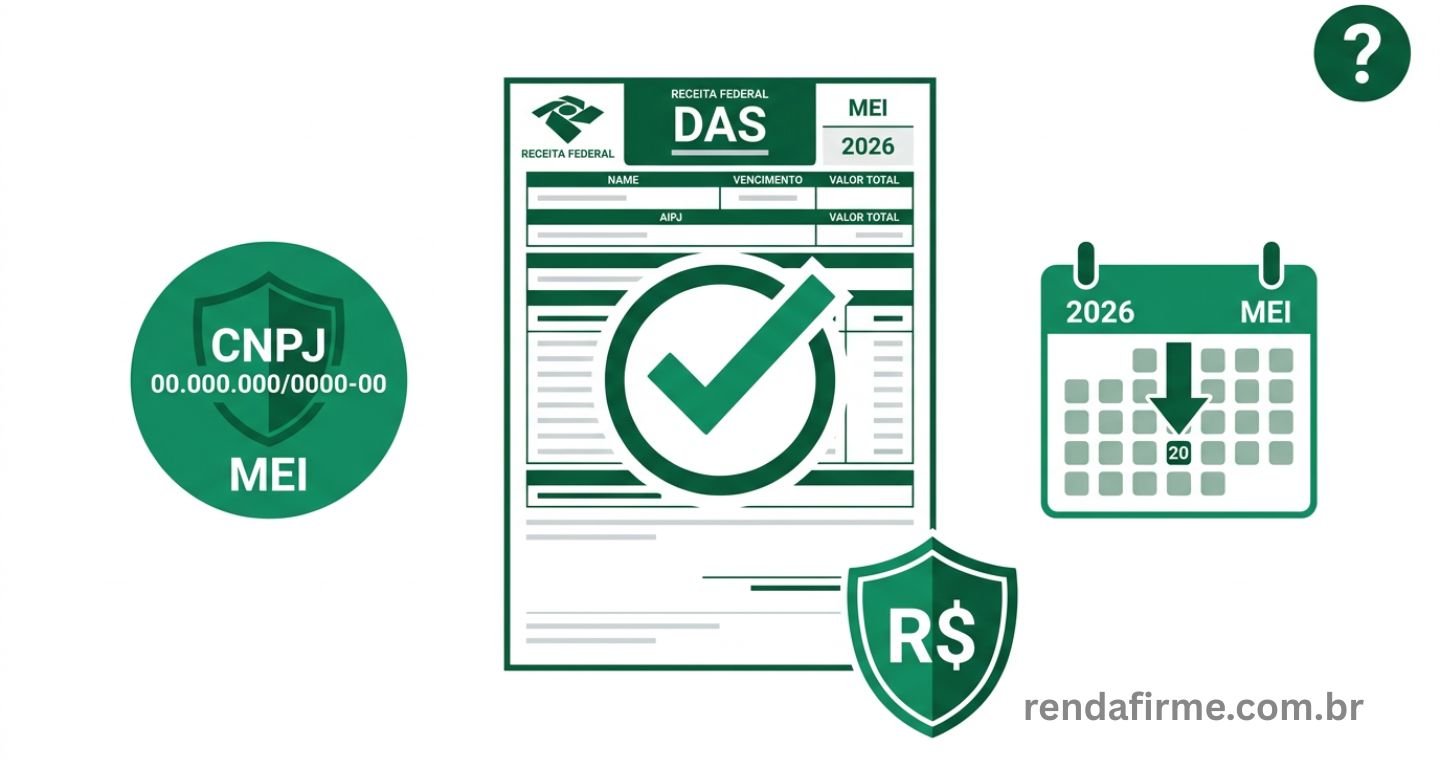 Thumbnail do artigo sobre impostos MEI 2026 com ícones de documento DAS, calendário de vencimento e tabela de valores por atividade