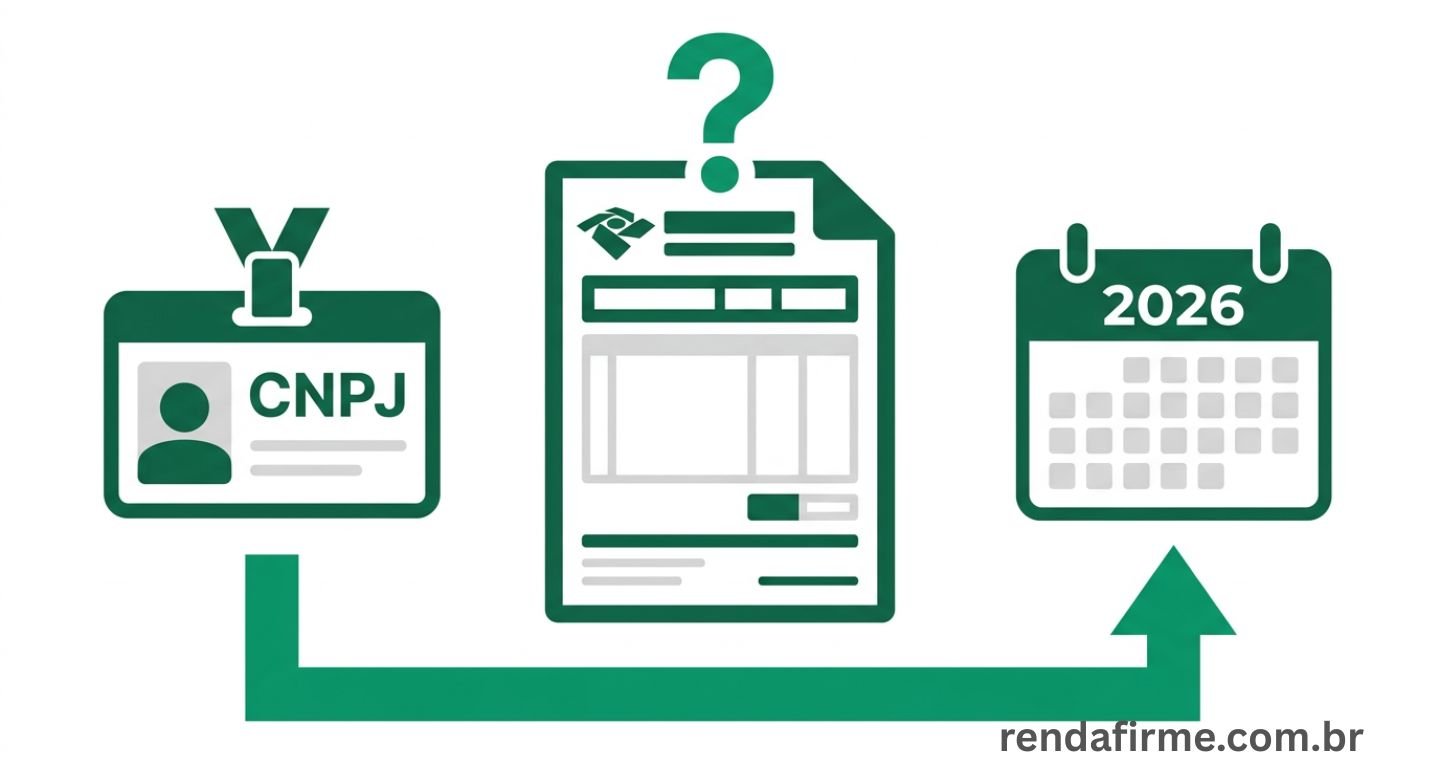 Ilustração representando MEI e Imposto de Renda 2026 com ícones de CNPJ, documento fiscal e calendário