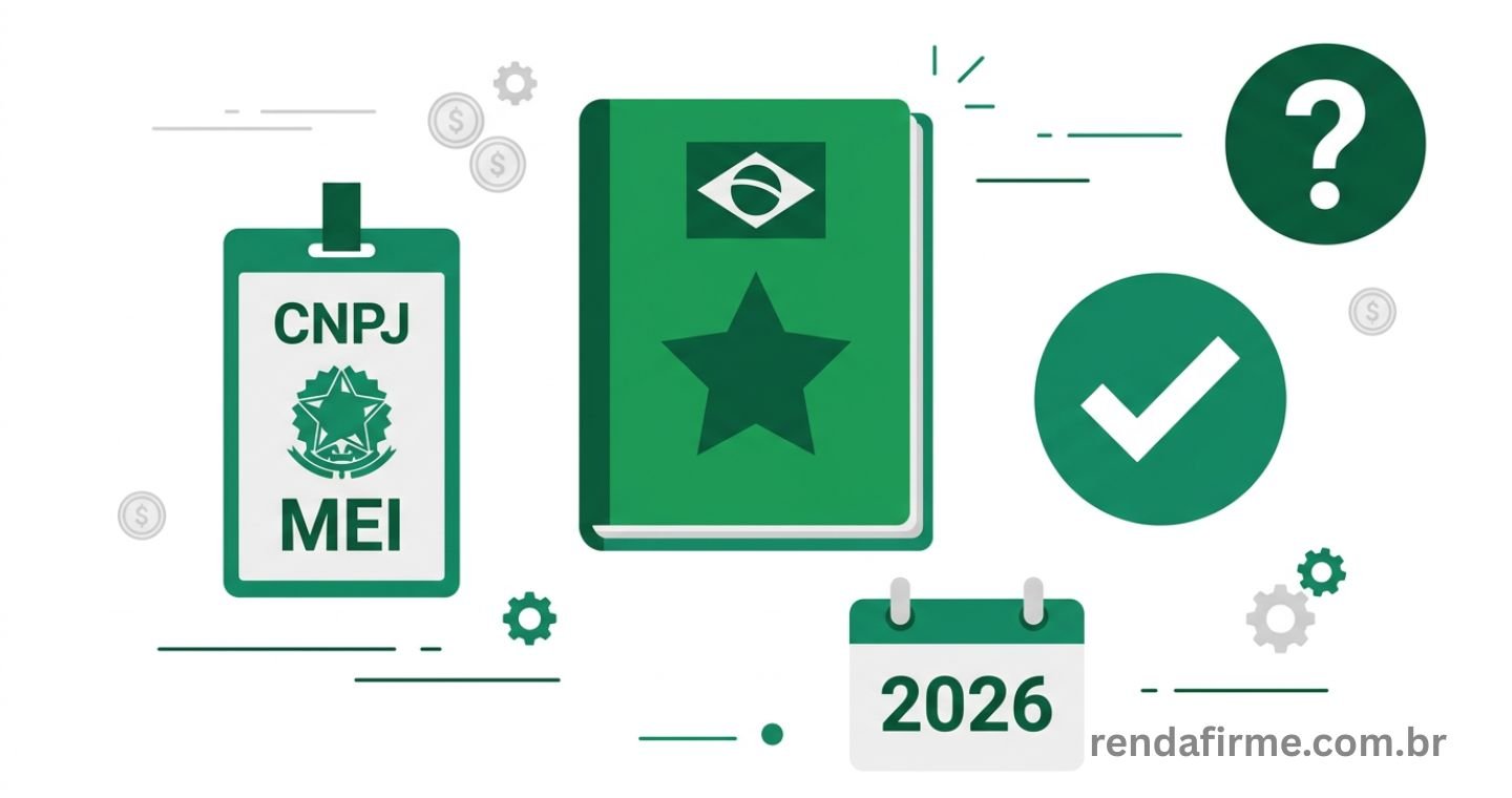 Thumbnail do artigo sobre MEI e contratação de funcionário em 2026 com ícones de carteira de trabalho e CNPJ