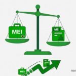Thumbnail do artigo sobre MEI x Simples Nacional em 2026 com ícones de balança, CNPJ e tabela de impostos