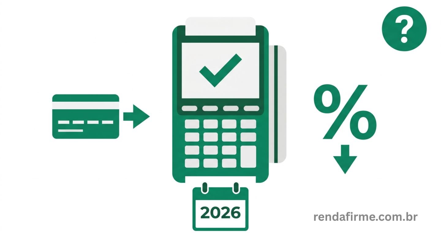 Thumbnail do artigo sobre melhor maquininha para MEI em 2026 com ícones de cartão, Pix e taxa baixa