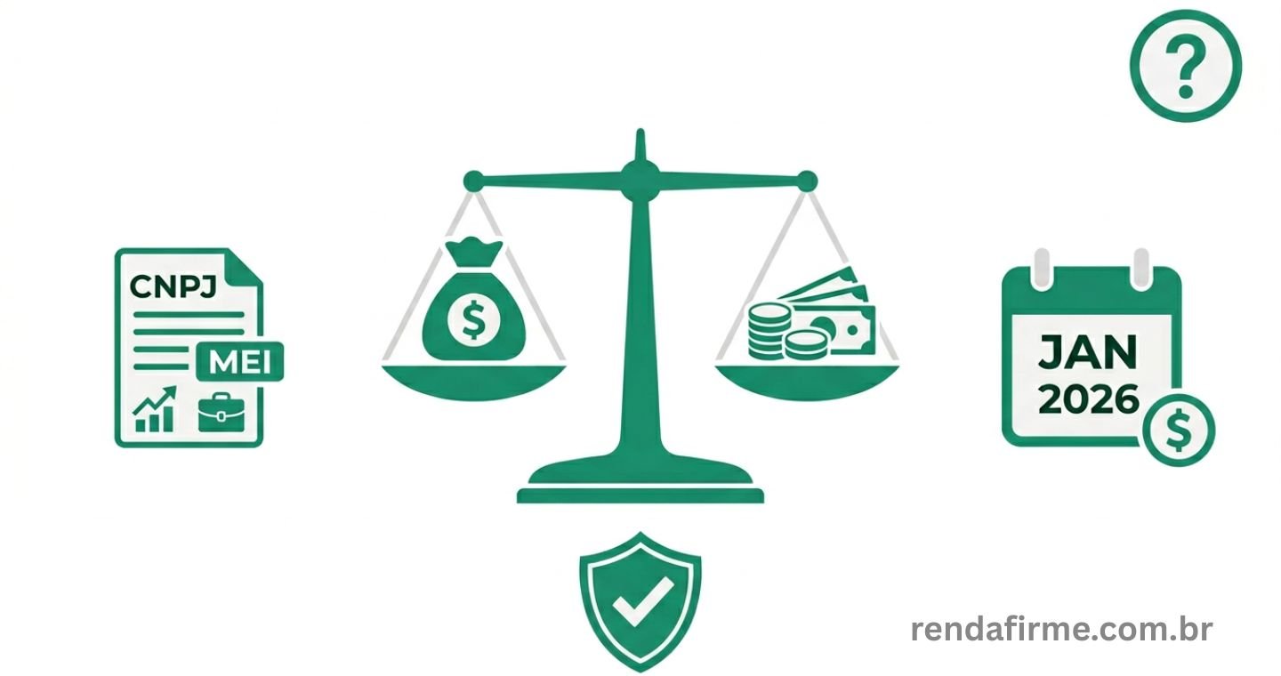 Thumbnail do artigo sobre como definir o pró-labore do MEI em 2026 com ícones de cifrão, balança financeira e calendário de pagamento mensal