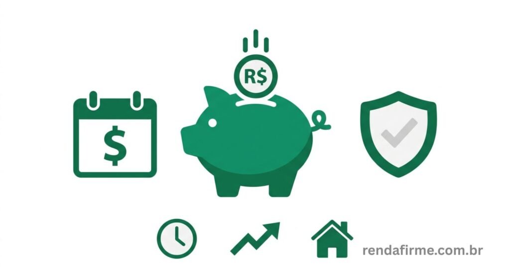 Ilustração representando previdência privada para MEI com ícones de aposentadoria, cofrinho e planejamento financeiro