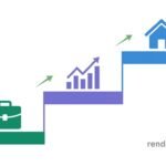 escada simples com três plataformas representando os três pilares da riqueza: na base, um ícone de pasta representando o negócio; no meio, um gráfico de barras ascendente representando investimentos financeiros (FIIs e ETFs); e no topo, um pequeno ícone de casa representando imóveis.