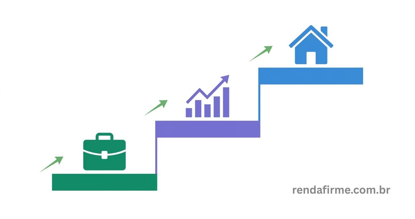 escada simples com três plataformas representando os três pilares da riqueza: na base, um ícone de pasta representando o negócio; no meio, um gráfico de barras ascendente representando investimentos financeiros (FIIs e ETFs); e no topo, um pequeno ícone de casa representando imóveis.