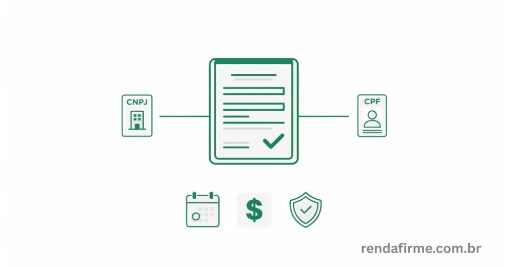 Ilustração representando MEI e autônomo declarando Imposto de Renda em 2026 com ícones de CNPJ, CPF e Receita Federal