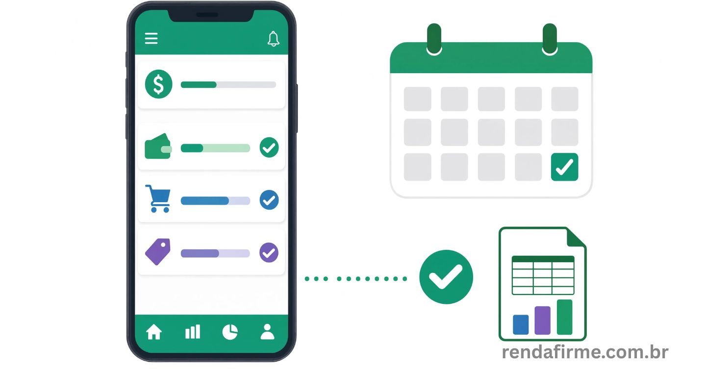 tela de um smartphone exibindo um painel financeiro simples com barras coloridas por categoria (verde para poupança, azul para necessidades, roxo para desejos) e uma pequena marca de seleção verde indicando que o orçamento está dentro do previsto
